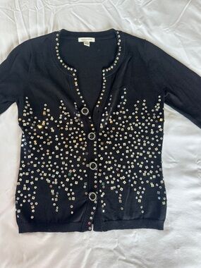 Boston Proper Black Embellished Cardigan with Gem Buttons. Silver sequin